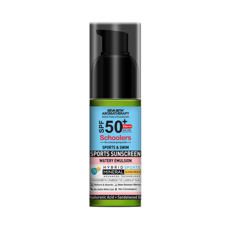 Schoolers SPF 50 PA+++, Kids Sports Mineral Watery Sunscreen Boys & Girls, No White Cast, Water Resistant 180 Mins, Tinosorb M + Parsol TX - Keya Seth Aromatherapy