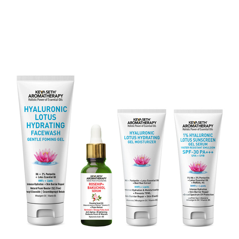 Daily Skincare Routine for Dehydrated, Aging Skin with Hyaluronic Facewash, Rosehip Bakuchiol Serum, Moisturizer & Sunscreen for Hydration, Firmness & Glow - Keya Seth Aromatherapy