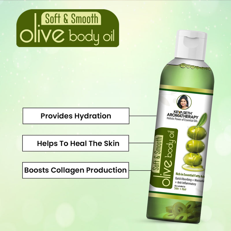 Olive Body Oil, Quick Absorbing Non-Sticky Nourishment I Hair & Skin, Daily Use After Bath Massage Oil I Pure Olive & Essential Oils Enriched - Keya Seth Aromatherapy