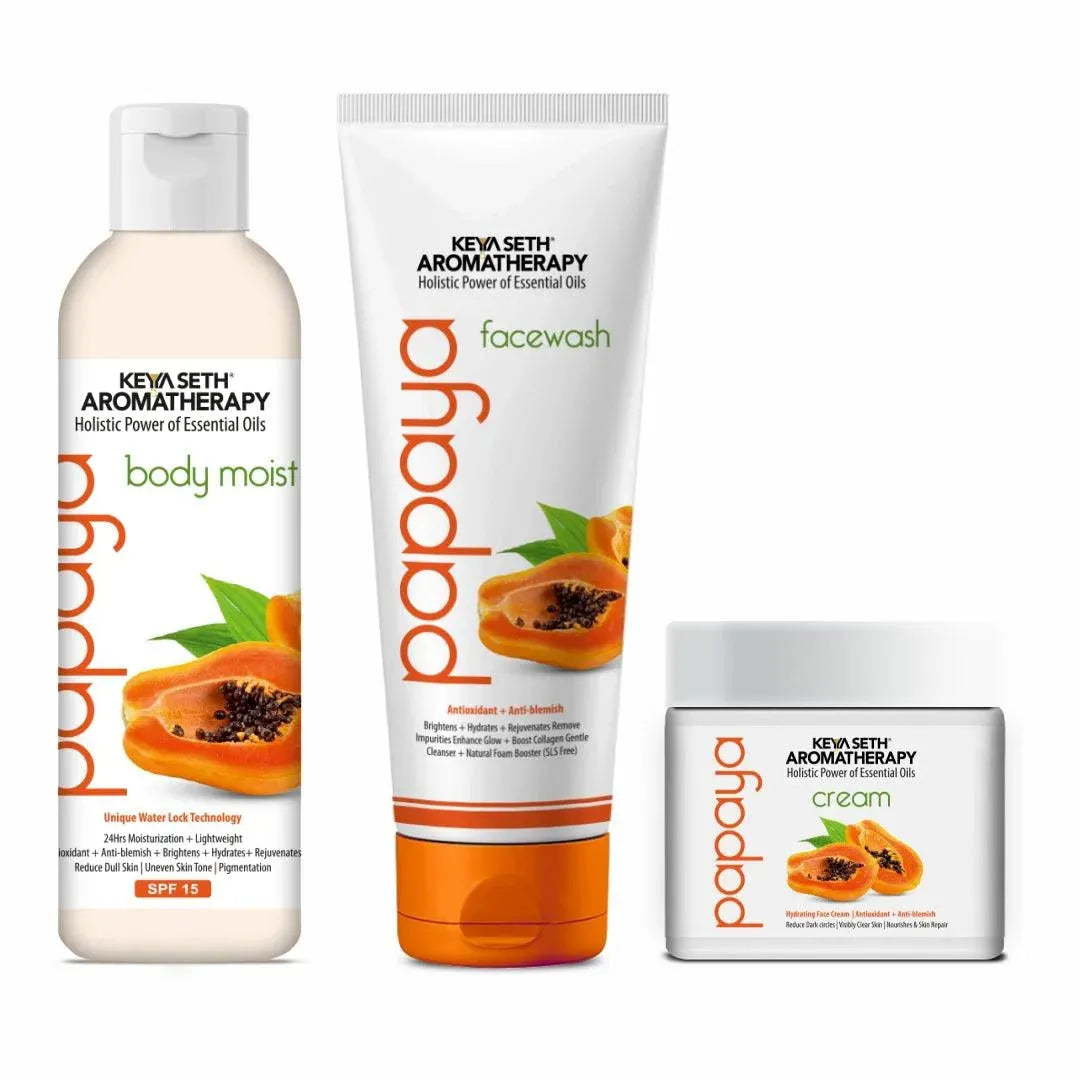 Papaya Skin Care Essential Kit, Brightening & Glowing Skin, Papaya Face Wash + Papaya Cream + Papaya Body Moisturizer, Enriched with Papaya Extract - Keya Seth Aromatherapy