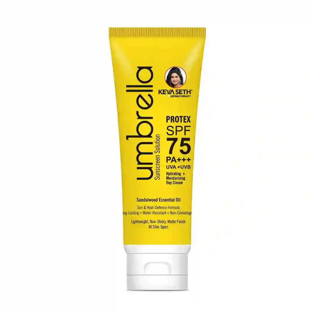 Umbrella Sunscreen Solution Protex SPF 75 Broad Spectrum Protection, Hydrating, No White Cast, Lightweight Matte Finish with Sandalwood Oil - Keya Seth Aromatherapy