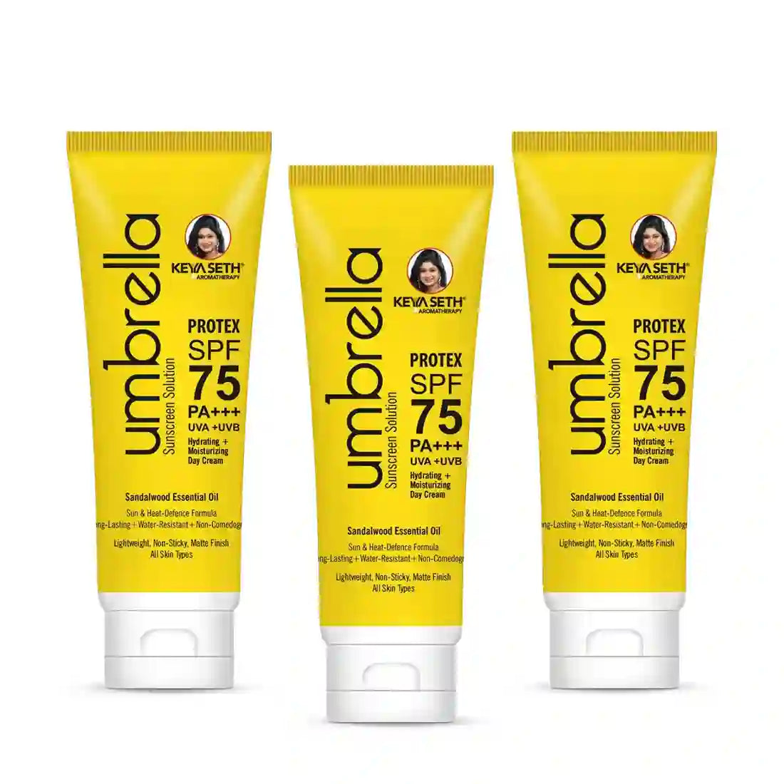 Umbrella Sunscreen Solution Protex SPF 75 Broad Spectrum Protection, Hydrating, No White Cast, Lightweight Matte Finish with Sandalwood Oil - Keya Seth Aromatherapy