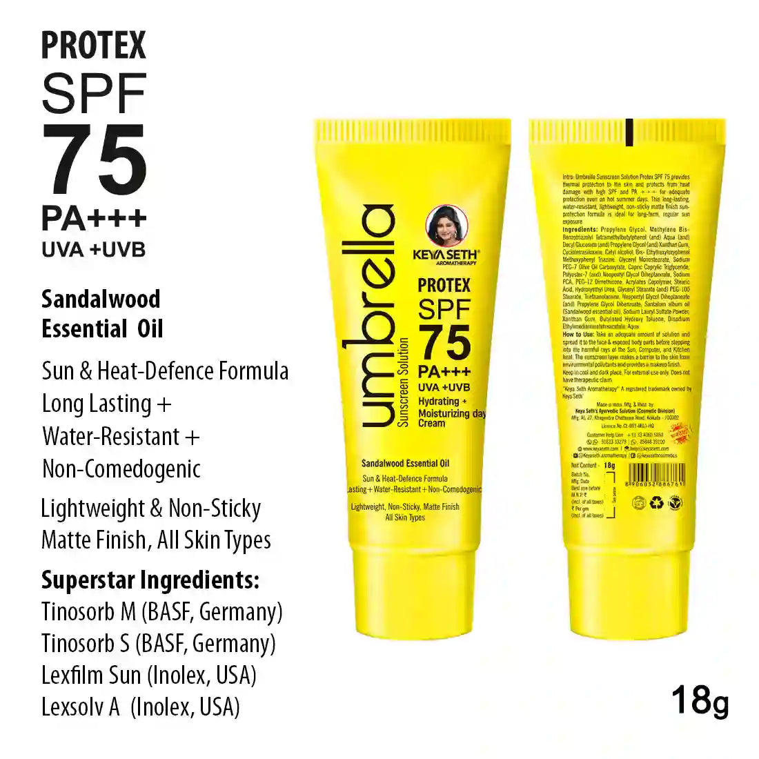 Umbrella Sunscreen Solution Protex SPF 75 Broad Spectrum Protection, Hydrating, No White Cast, Lightweight Matte Finish with Sandalwood Oil - Keya Seth Aromatherapy