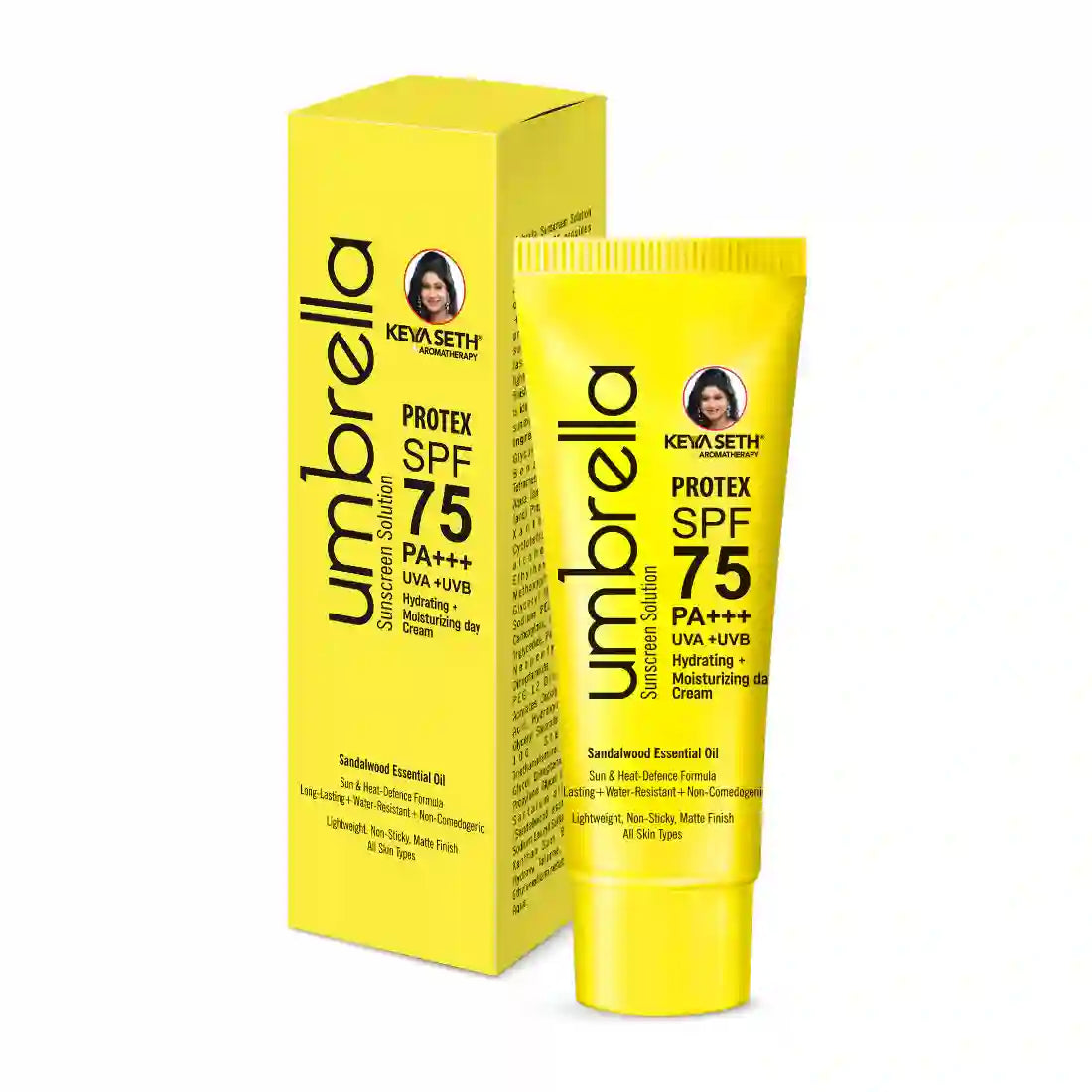 Umbrella Sunscreen Solution Protex SPF 75 Broad Spectrum Protection, Hydrating, No White Cast, Lightweight Matte Finish with Sandalwood Oil - Keya Seth Aromatherapy