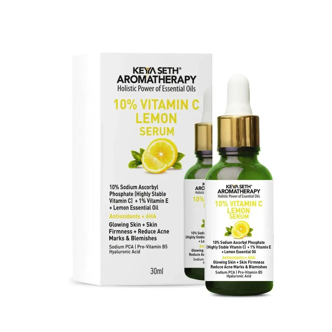 Free 10% Vitamin C Lemon Serum, Sodium Ascorbyl Phosphate + Vitamin E & Lemon Essential Oil, Antioxidants + AHA, Glowing Skin & Firmness, Reduces Acne Marks - Keya Seth Aromatherapy