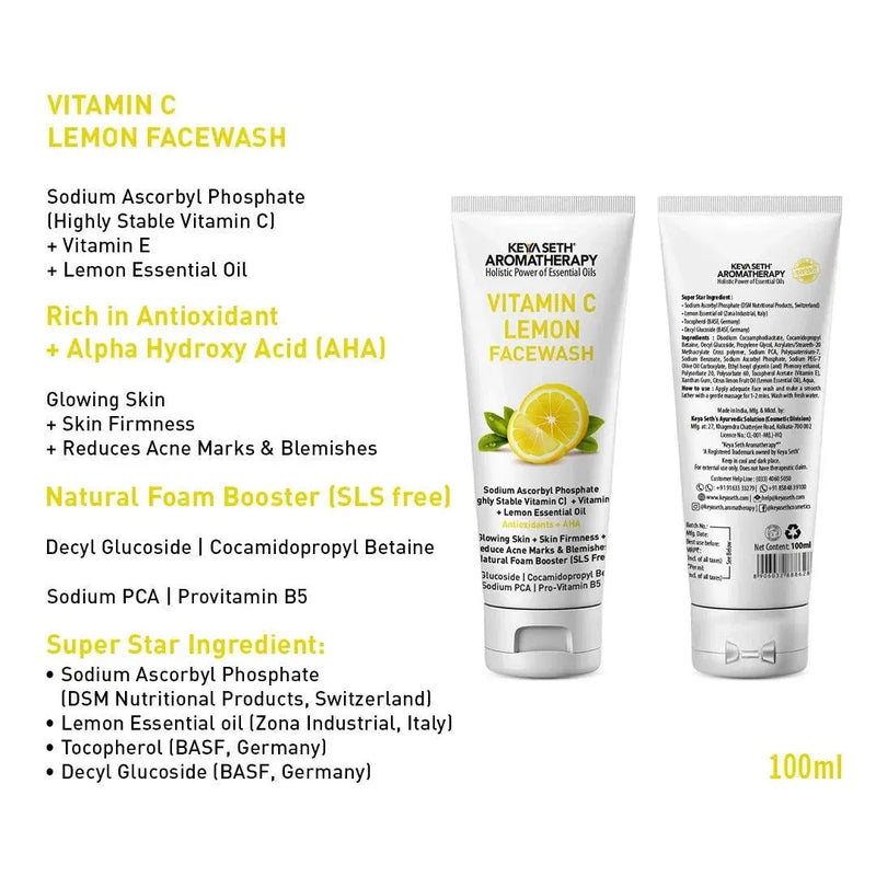 Vitamin C Lemon Facewash, Natural Glucoside Foaming, Antioxidants + AHA, Glowing Skin & Firmness, Acne Marks, Sodium Ascorbyl Phosphate + Vitamin E