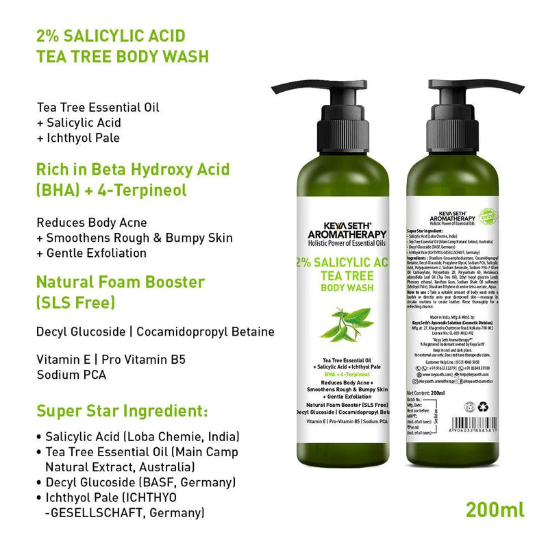 Salicylic Acid Tea Tree Body Wash, BHA + Terpineol, Body Acne & Exfoliation, Natural Glucoside Foaming, Dead Skin Removal, Ichthyol Pale, Vitamin E,B5