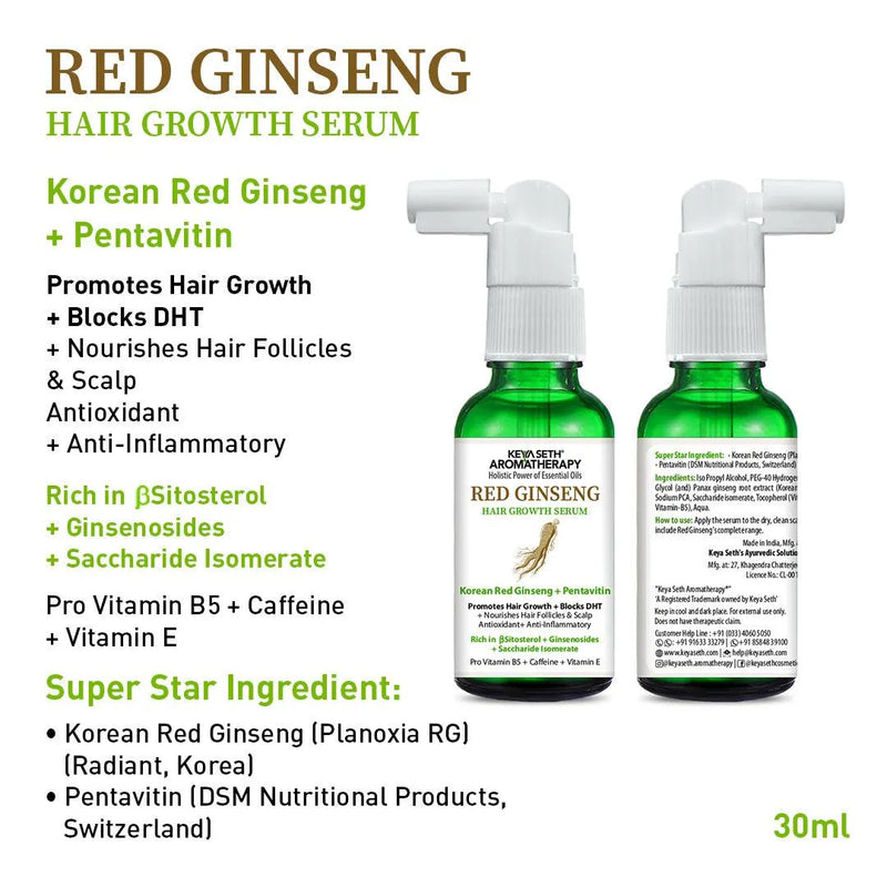 Korean Red Ginseng Hair Growth Serum, Blocks DHT, Pentavitin, Caffeine, Vitamin B5, Hydration, Nourishes Hair Follicles & Scalp, Antioxidant - Keya Seth Aromatherapy