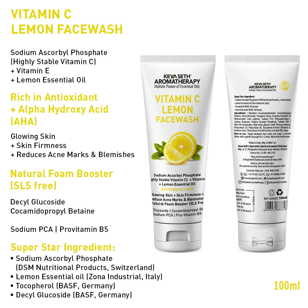 Vitamin C Lemon Combo: Facewash & Serum with Sodium Ascorbyl Phosphate, Vitamin E & AHA for Radiant, Firm, Acne-Free Skin - Keya Seth Aromatherapy