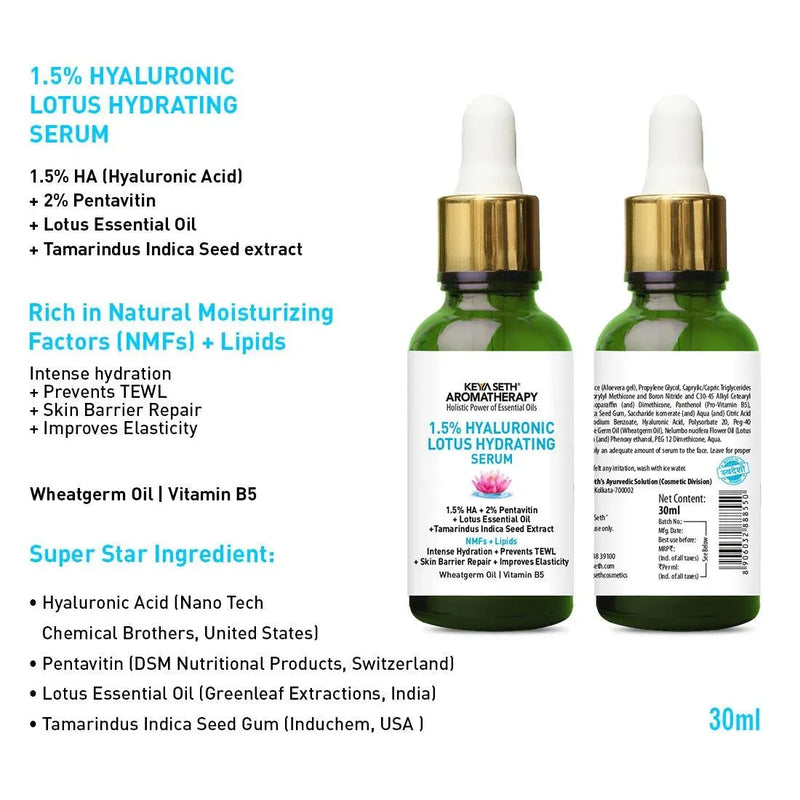 1.5% Hyaluronic Lotus Hydrating Serum, 2% Pentavitin + Tamarind Extract, NMFs + Lipids, Skin Barrier Repair, Improves Elasticity, Prevents TEWL - Keya Seth Aromatherapy