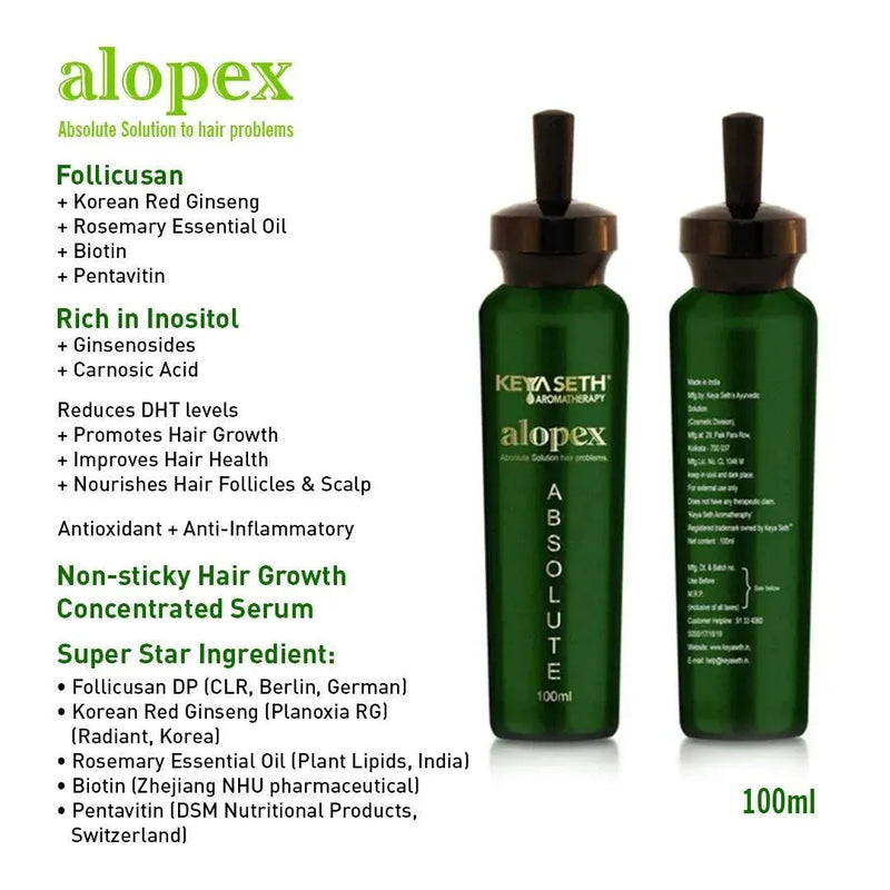 Alopex Absolute, for Acute Hair Fall & Hair Growth Water Based Solution Enriched with Korean Red Ginseng Vitamin H (Biotin) & Vitamin E, B3 & B5 - Keya Seth Aromatherapy