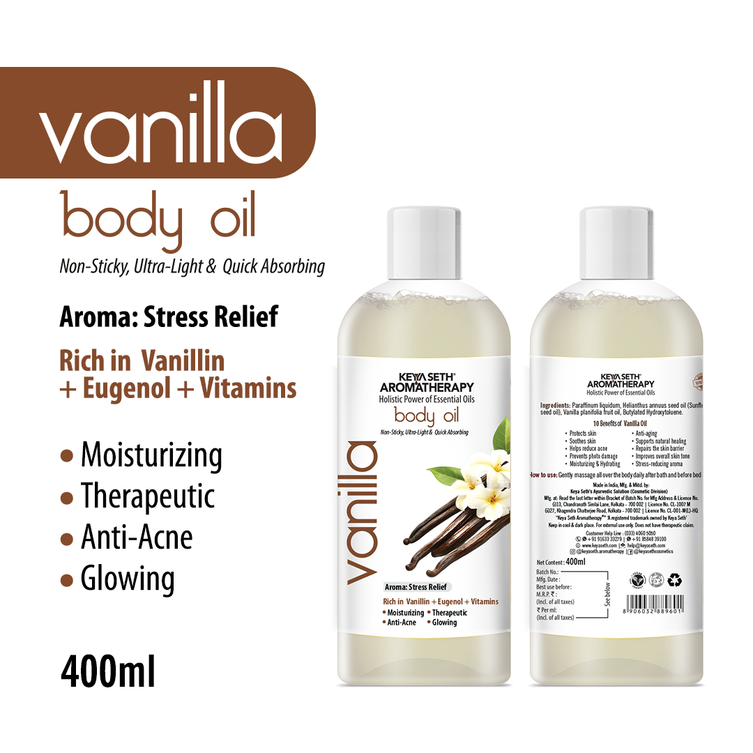 Vanilla Body Oil - Moisturizing, Nourishing, Anti-Acne For Glowing Skin; Non Sticky, Quick-Absorbing - Keya Seth Aromatherapy