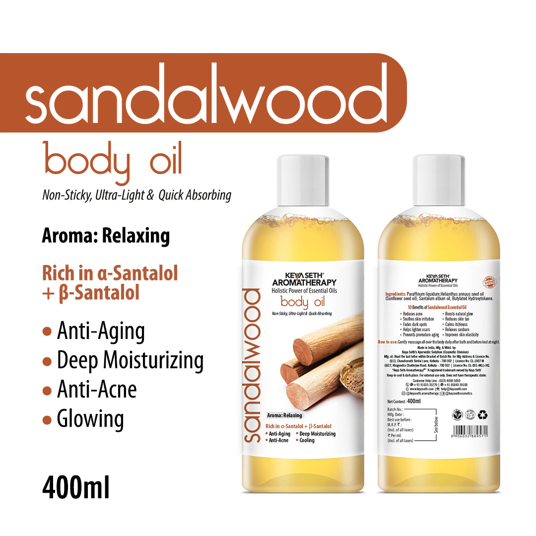 Sandalwood Body Oil - Anti-Ageing, Anti-Acne, Deep Moisturising For Glowing Skin; Non-Sticky, Quick-Absorbing - Keya Seth Aromatherapy