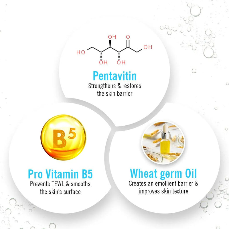1.5% হায়ালুরোনিক লোটাস হাইড্রেটিং সিরাম, 2% পেন্টাভিটিন + টেমারিন্ড এক্সট্র্যাক্ট, NMFs + লিপিড, ত্বকের বাধা মেরামত, স্থিতিস্থাপকতা উন্নত করে, TEWL প্রতিরোধ করে