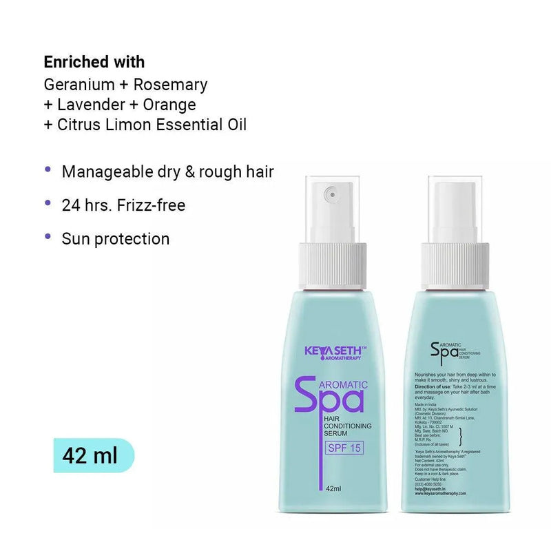 Aromatic Spa Hair Conditioning Serum SPF 15-for Dry, Rough Hair-24-Hour Frizz-free Sun Protection & Manageable Hair with Pure Essential Oil & Geranium - Keya Seth Aromatherapy