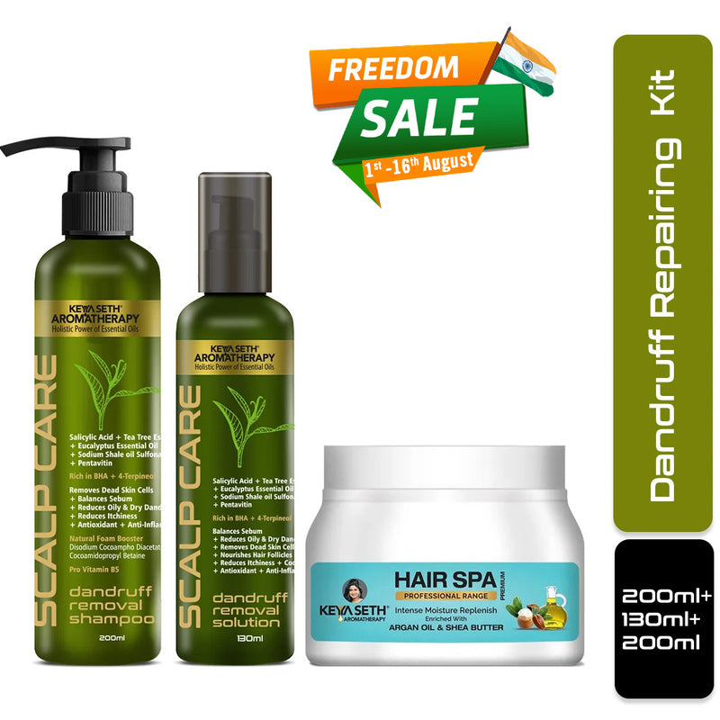 Dandruff Repair Kit: Shampoo, Hair Spa & Serum with Salicylic Acid, Tea Tree, Jojoba, Rosemary & Coconut for a Flake-Free, Nourished & Itch-Free Scalp - Keya Seth Aromatherapy