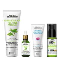 Daily Skincare Routine for Oily & Acne-Prone Skin - 2% Salicylic Acid Tea Tree Facewash & Serum with BHA, Vitamin E & B5 + 2% Pentavitin Moisturizer + 1% Hyaluronic Acid Sunscreen SPF 30