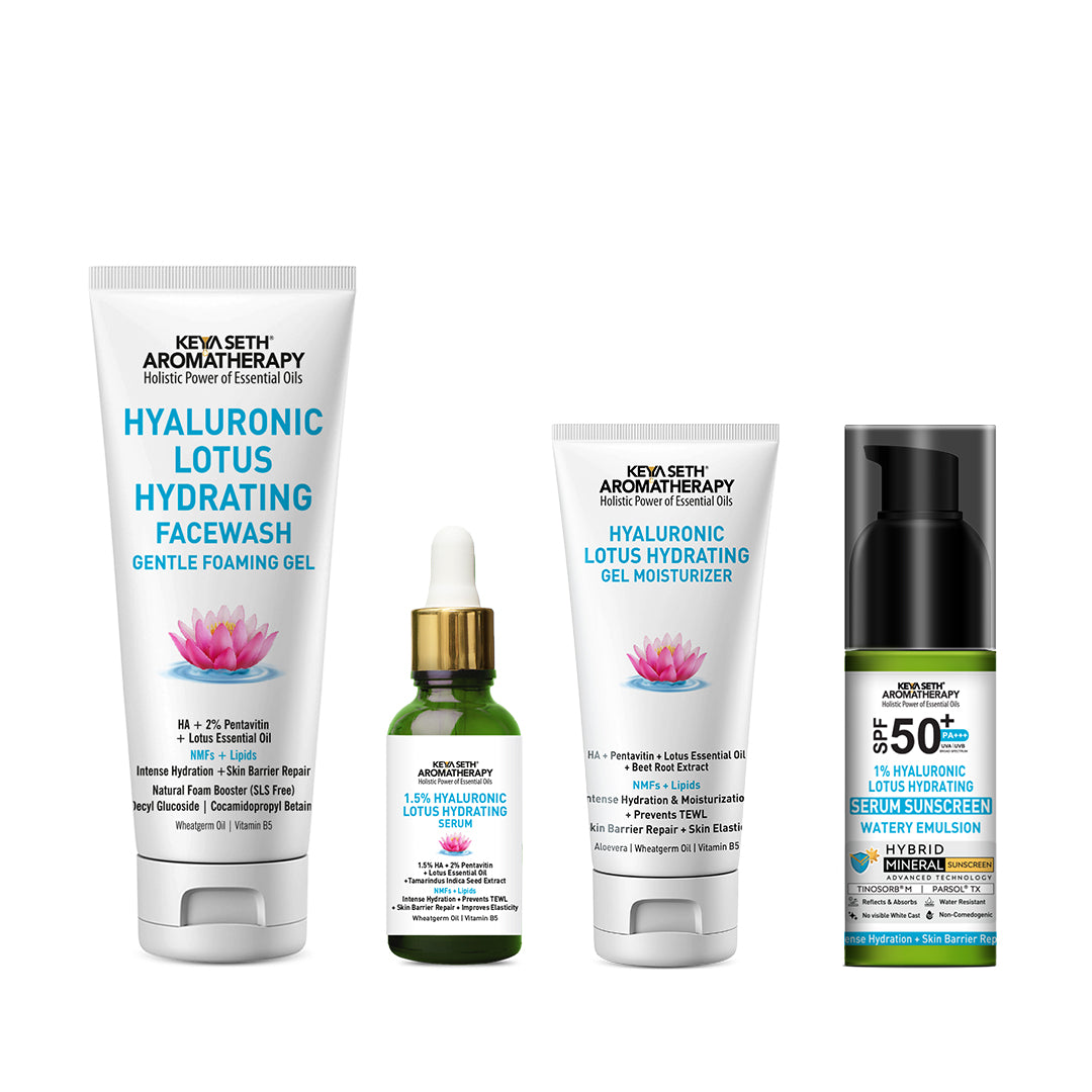 Daily Skincare Routine for Dry & Combination Skin – Hyaluronic Lotus Face Wash, 1.5% Hydrating Serum, Gel Moisturizer with 2% Pentavitin & SPF 50 PA+++ Sunscreen for Intense Hydration and Skin Barrier Repair