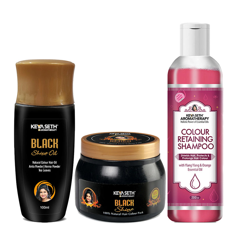 Complete Hair Colour Combo - Black Shine Oil, Black Shine Pack & Colour Retaining Shampoo; Long-lasting vibrant hair colour, Nourishes & Protects - Keya Seth Aromatherapy
