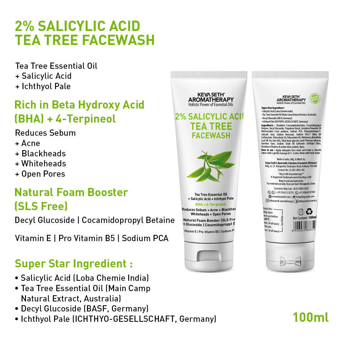 Daily Skincare Routine for Oily & Acne-Prone Skin - 2% Salicylic Acid Tea Tree Facewash & Serum with BHA, Vitamin E & B5 + 2% Pentavitin Moisturizer + 1% Hyaluronic Acid Sunscreen SPF 30