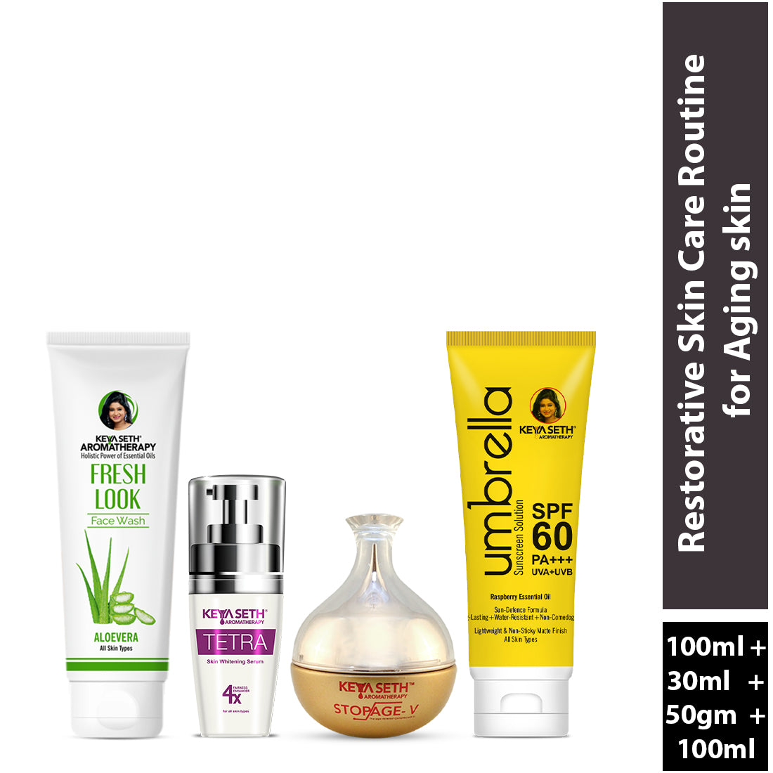 Restorative Skincare Routine for Aging Skin – Aloe Vera Facewash, Tetra Serum, Stopage V Cream & Umbrella SPF 60 for Anti-Aging, Brightening & Protection - Keya Seth Aromatherapy