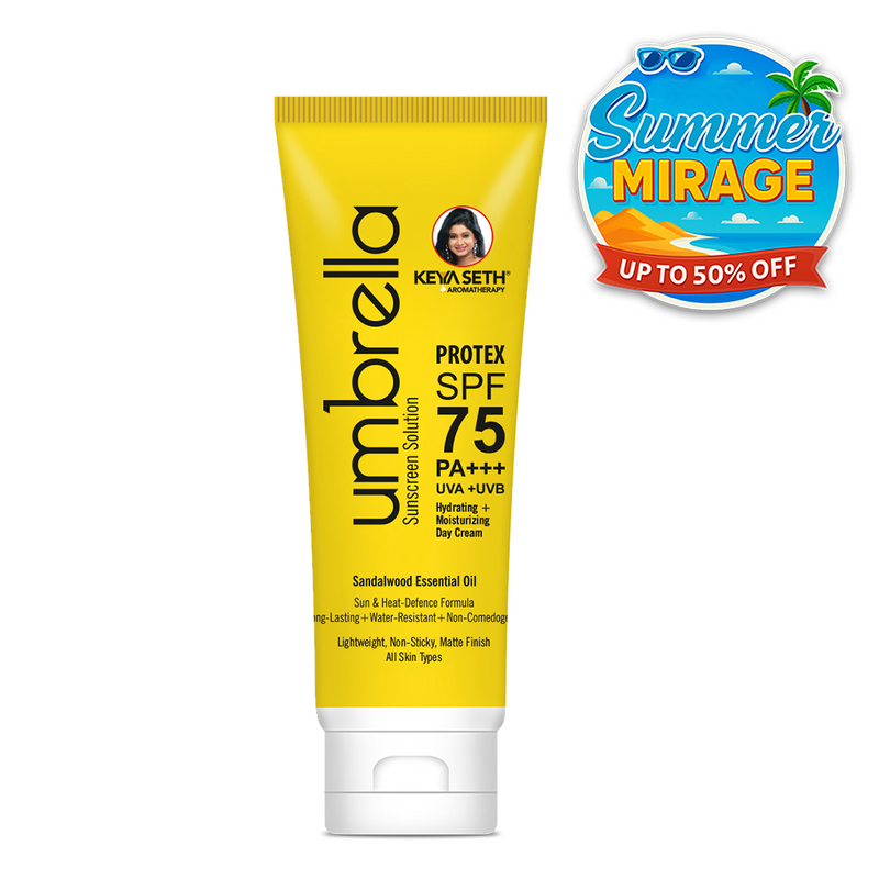 Umbrella Sunscreen Solution Protex SPF 75 Broad Spectrum Protection, Hydrating, No White Cast, Lightweight Matte Finish with Sandalwood Oil - Keya Seth Aromatherapy