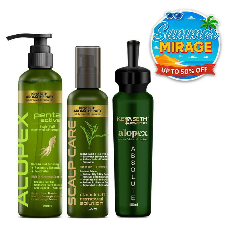 Complete Treatment Kit For Acute Hair Fall - Absolute Solution, Scalp Care, Alopex shampoo, Blocks hair fall & Fights Dandruff & Itchiness, New Hair Growth - Keya Seth Aromatherapy