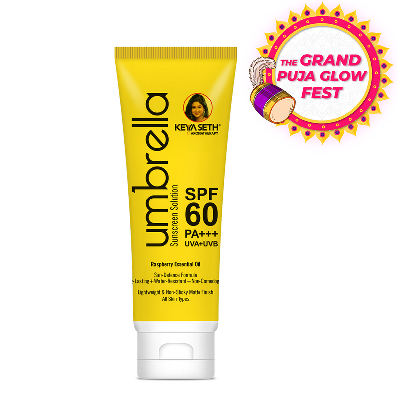 Umbrella Sunscreen Solution SPF 60, Broad Spectrum Protection, No White Cast, Lightweight Matte Finish with Raspberry Oil - Keya Seth Aromatherapy