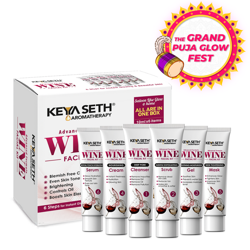 Wine Facial Kit 6 Steps Enriched with Red Grape Seed Extract for Instant Glowing, Blemish-free Even Complexion Increase Elasticity & Circulation - Keya Seth Aromatherapy