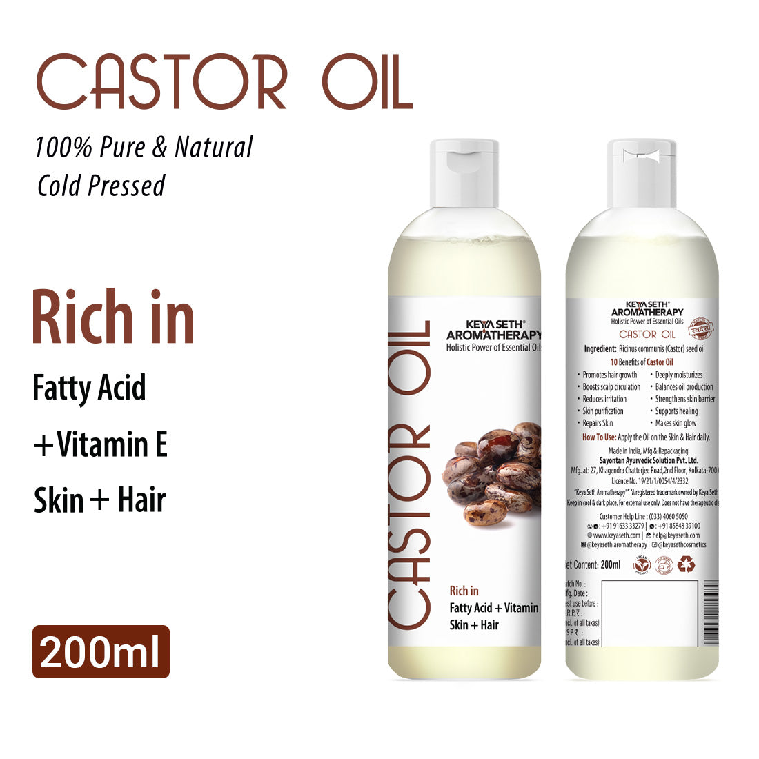 Cold Pressed Pure Castor Oil For Skin & Hair, Rich in Fatty Acid, Vitamin E - Keya Seth Aromatherapy