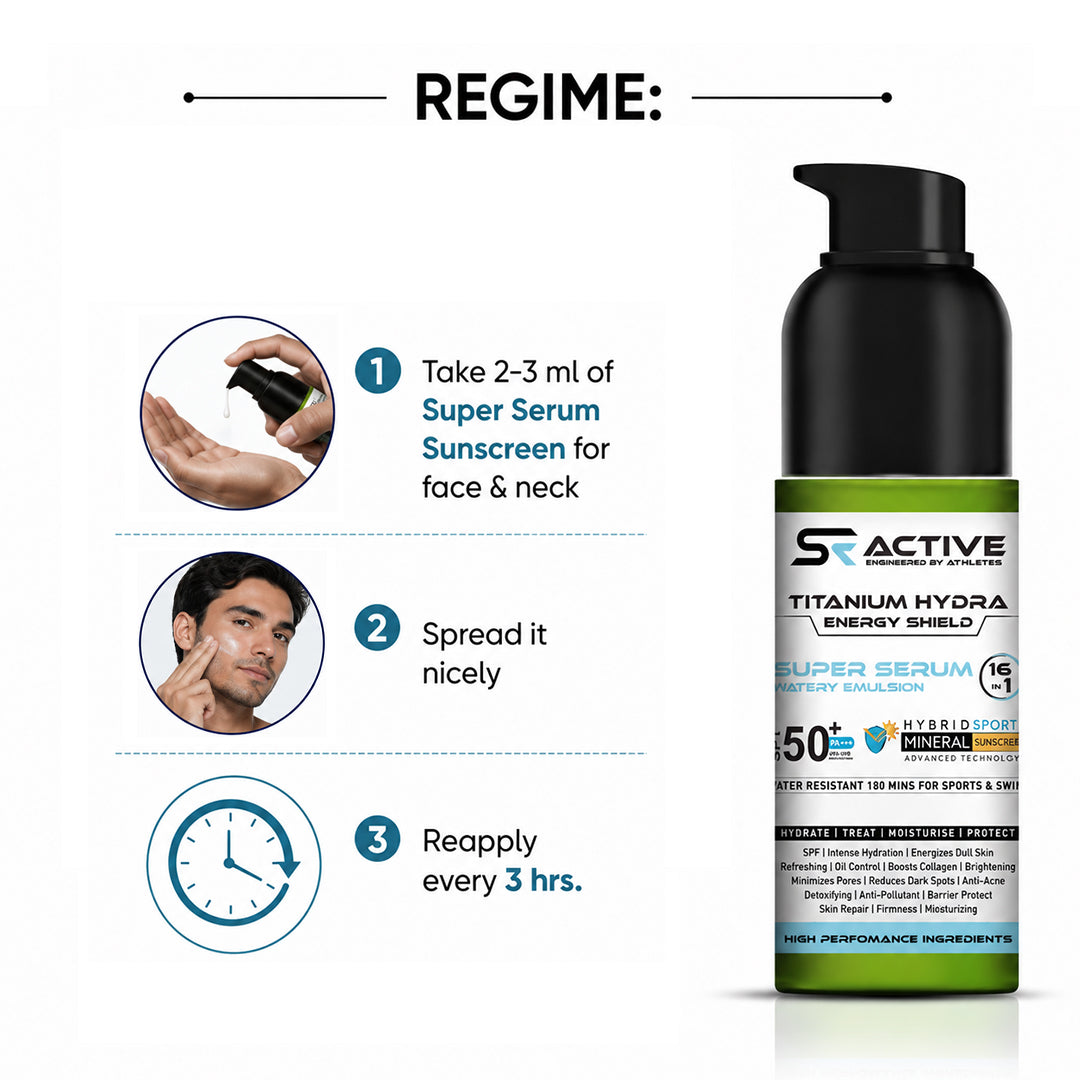 SR Active, Titanium Hydra Energy Shield Sports Mineral Super Serum Sunscreen SPF50 PA+++, 16-in-1 Watery Emulsion, Water-Resistant 180min - Keya Seth Aromatherapy