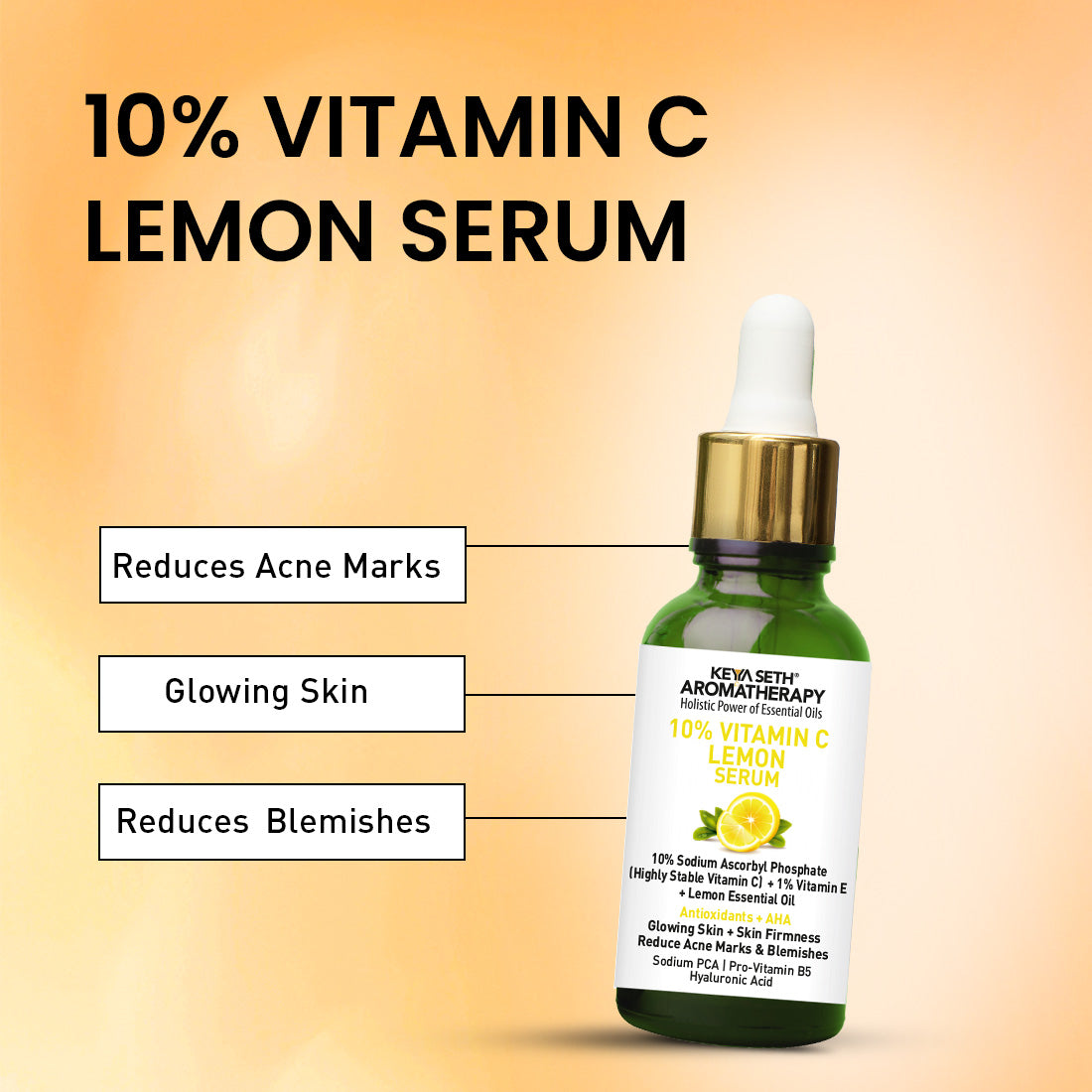 10% Vitamin C Lemon Serum, Sodium Ascorbyl Phosphate + Vitamin E & Lemon Essential Oil, Antioxidants + AHA, Glowing Skin & Firmness, Reduces Acne Marks - Keya Seth Aromatherapy