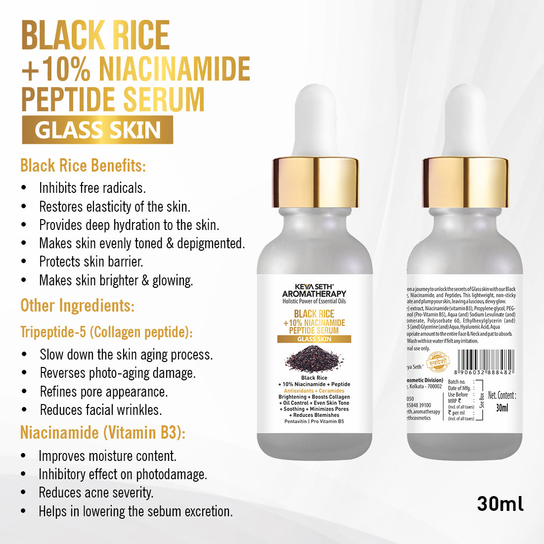 Black Rice Serum for Clear Glass Skin with Black Rice, Niacinamide & Peptide Reduces Blemishes, Boost Collagen & Even Complexion for Men/Women 30ml - Keya Seth Aromatherapy