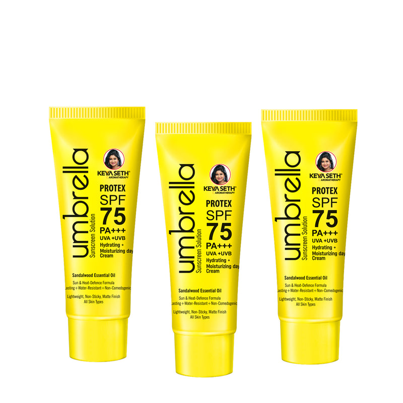 Umbrella Sunscreen Solution Protex SPF 75 Broad Spectrum Protection, Hydrating, No White Cast, Lightweight Matte Finish with Sandalwood Oil - Keya Seth Aromatherapy