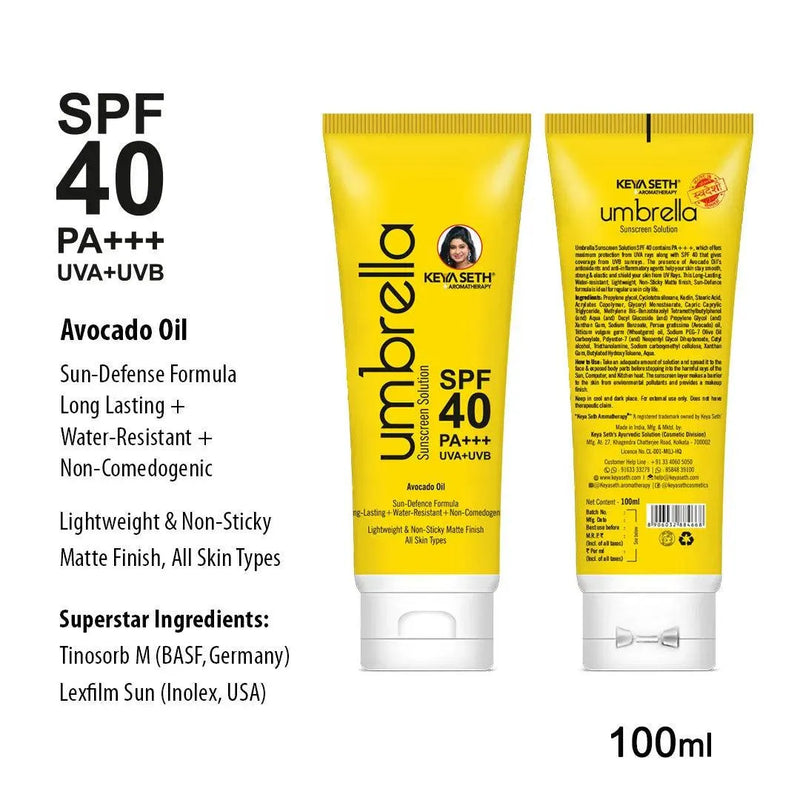 Umbrella Sunscreen Solution SPF 40, Broad Spectrum Protection, No White Cast, Lightweight Matte Finish with Avocado 100ml - Keya Seth Aromatherapy