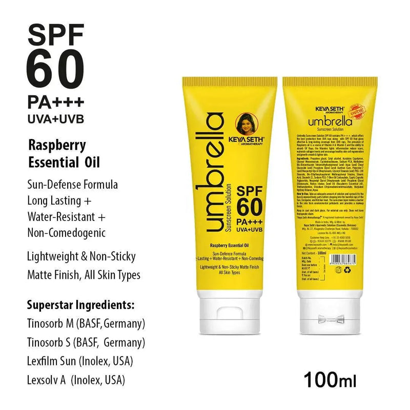 Umbrella Sunscreen Solution SPF 60, Broad Spectrum Protection, No White Cast, Lightweight Matte Finish with Raspberry Oil - Keya Seth Aromatherapy