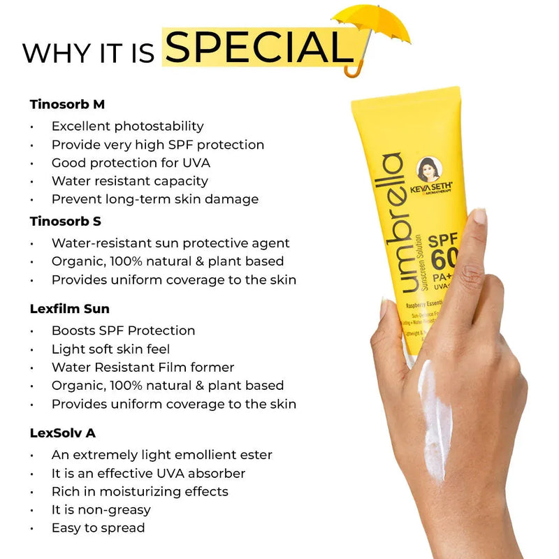 Umbrella Sunscreen Solution SPF 60, Broad Spectrum Protection, No White Cast, Lightweight Matte Finish with Raspberry Oil - Keya Seth Aromatherapy