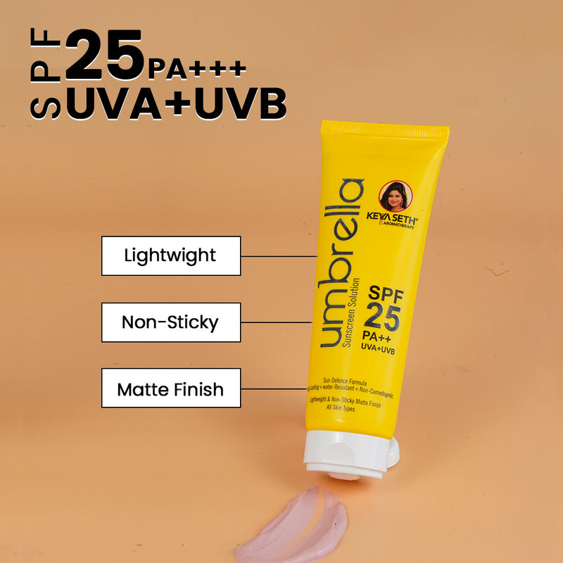 Umbrella Sunscreen Solution SPF 25 with PA+++ UV Protection, Sweat Resistant Formula Oil Control Enriched with Pure Essential Oil wheatgerm & Almond - Keya Seth Aromatherapy