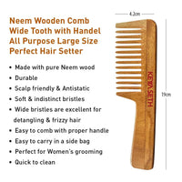 Handmade Neem Wooden Comb for Women Detangling, Anti-Static, Frizz Control, Hair Growth, Suitable for All Hair Types Dual Tooth & Large Size Wide Tooth with Handles Combo - Keya Seth Aromatherapy