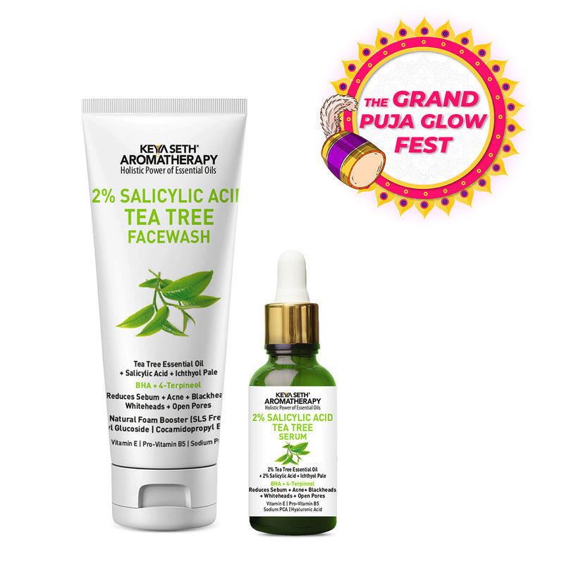 Complete Acne Solution Kit: 2% Salicylic Acid Tea Tree Oil Facewash & Serum with BHA, Terpineol, Ichthyol Pale, Hyaluronic Acid, and Vitamin E for Acne, Pores, and Blemish Control - Keya Seth Aromatherapy