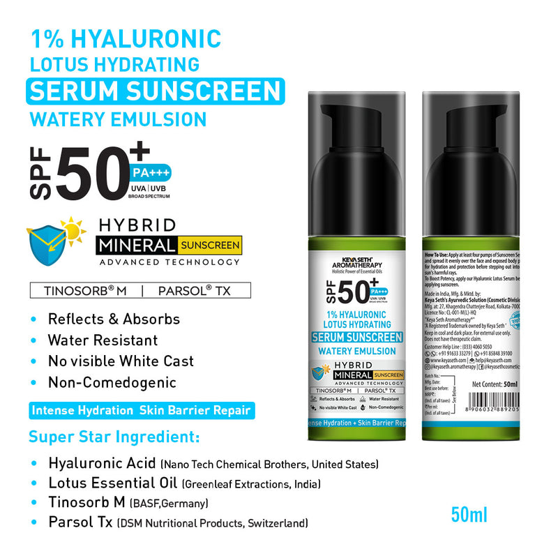 1% Hyaluronic Lotus Hydrating Serum Hybrid Mineral Sunscreen SPF 50 PA+++, Watery Emulsion,No White Cast, Water Resistant, Tinosorb M + Parsol TX - Keya Seth Aromatherapy