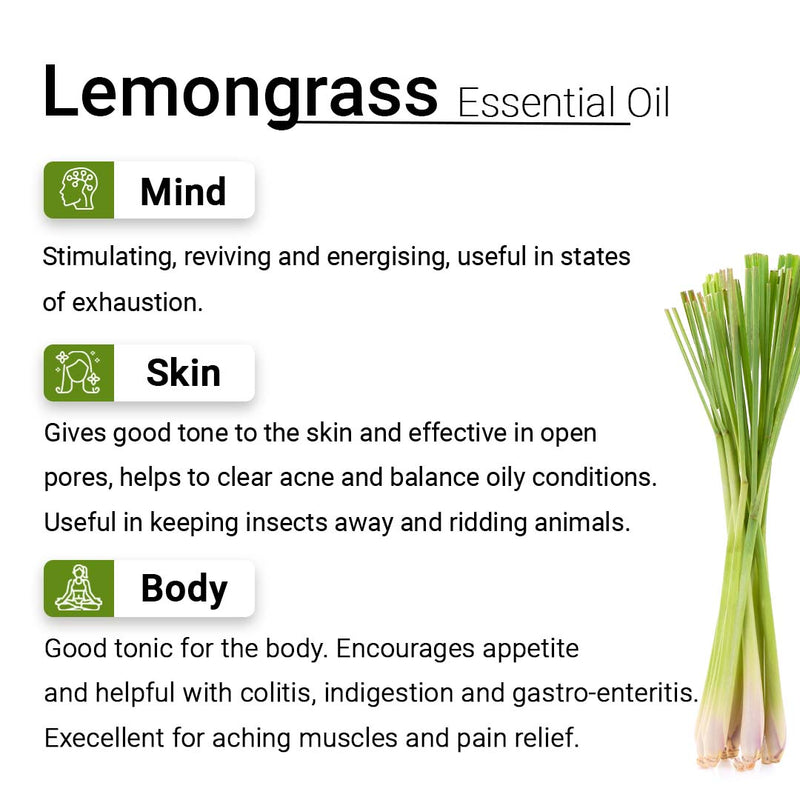 Lemongrass Essential Oil, Therapeutic, Pure & Natural, Stimulates & Energies Body and Mind, Insecticide 10ml