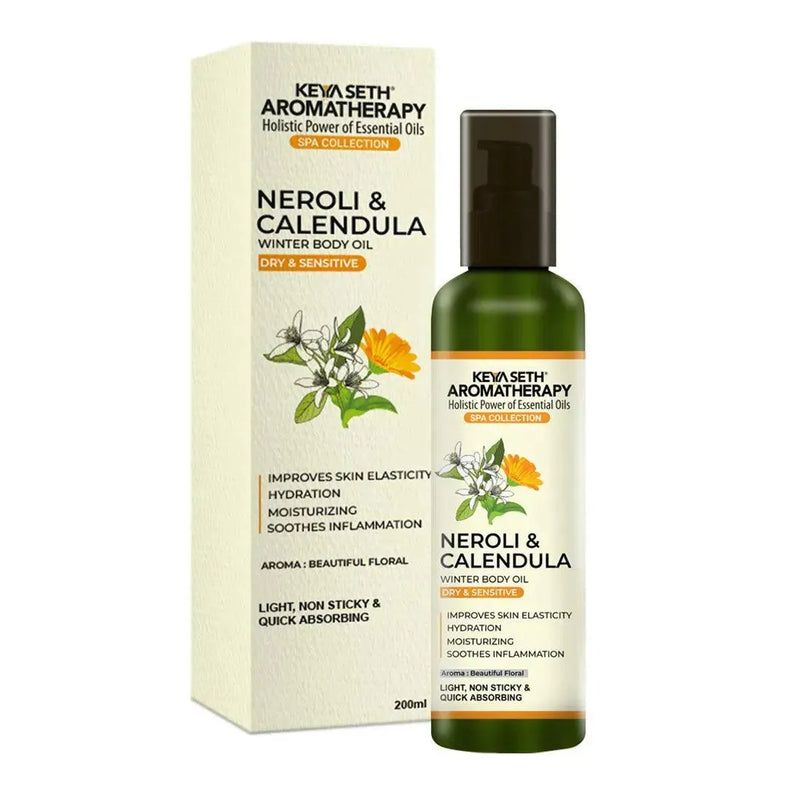 Neroli & Calendula Winter Body Oil for Dry & Sensitive Skin, Hydrating, Moisturizing, Soothes Inflammation, Improves Skin Elasticity Light, Non-Sticky, Body Care,, Body Oil, Keya Seth Aromatherapy