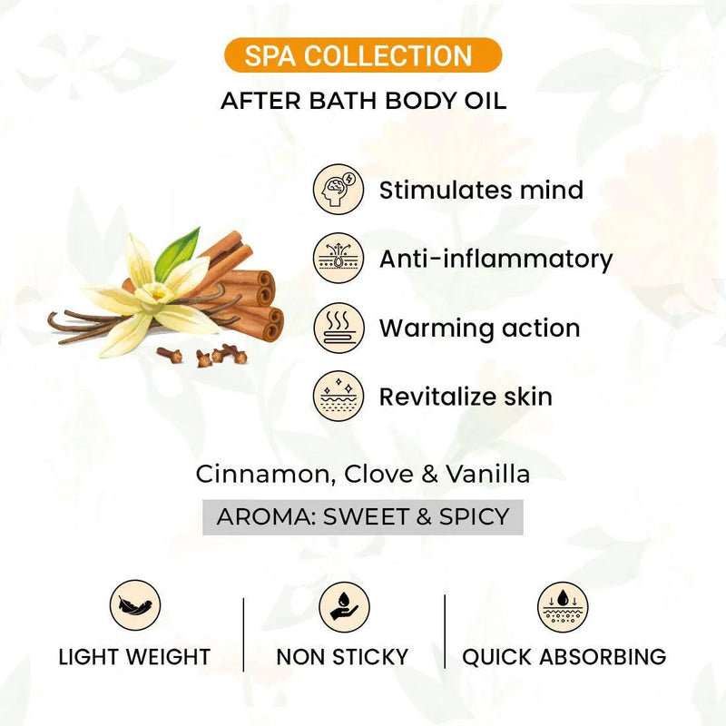 Spicy Vanilla After Bath Body Oil Light, Non-Sticky & Quick Absorbing, Stimulates Mind, Anti Inflammatory, Warming Action & Revitalize Skin - Keya Seth Aromatherapy